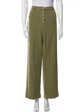 Green Houndstooth Wide Leg Wool Pants